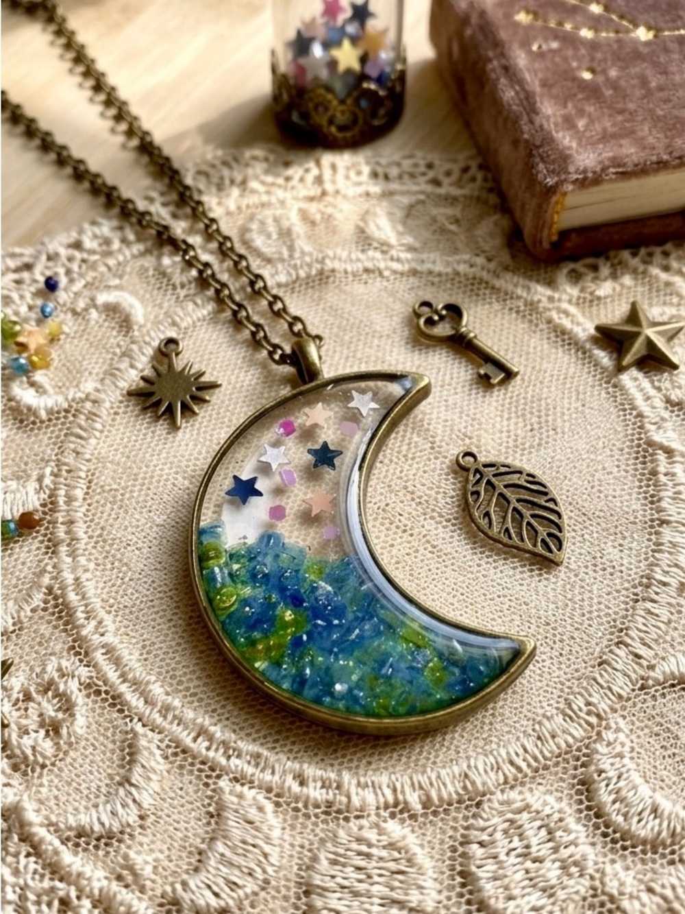 Moon Crescent Pendant Necklace with Blue & Green Accents